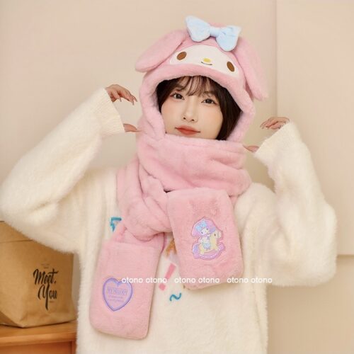 MyMelody Cute Pink Scarf Hat Gloves in One