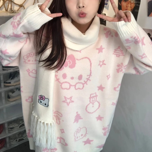 HelloKitty Sweet and Cute Pink Crew Neck Knit Sweater