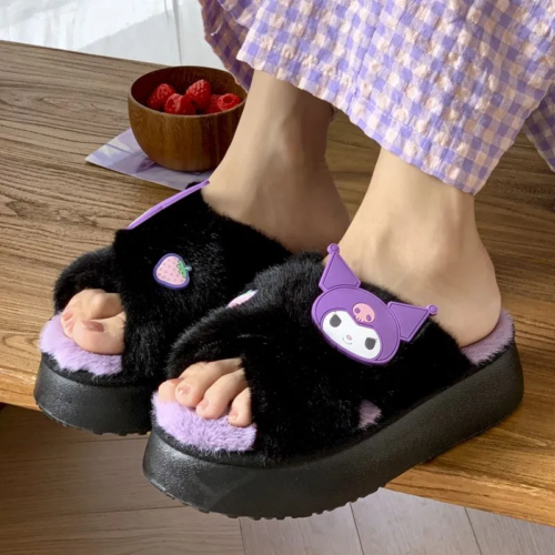 Kuromi Thick Bottom Sweet Cute Plush Cotton Slippers