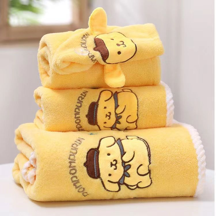 Pompom Purin Cute and Soft Coral Velvet 3 Piece Towel Set