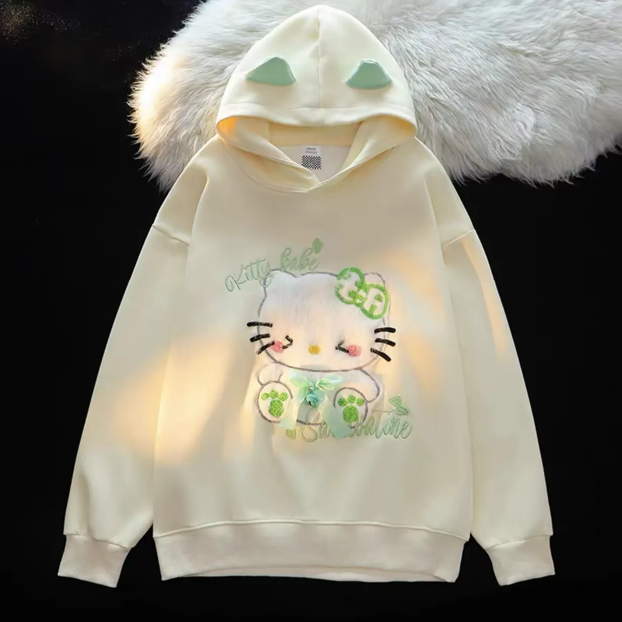 HelloKitty Yellow Sweet Embroidered Loose Hooded Sweatshirt